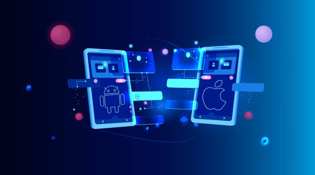 Futuristic illustration of two smartphones representing Android and iOS with glowing digital elements and app interfaces connecting between them.