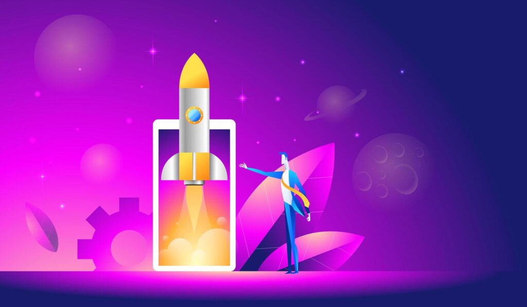 Illustration of a businessperson launching a rocket from a smartphone screen, symbolizing a startup or app launch, with a vibrant purple and space-themed background.