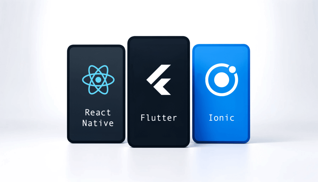 Visual comparison of mobile app development frameworks React Native, Flutter, and Ionic displayed on sleek digital panels.