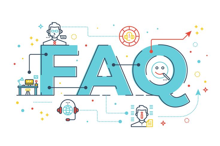 Colorful FAQ concept illustration with large blue "FAQ" letters and small icons representing customer support, chatbots, and communication tools around it.