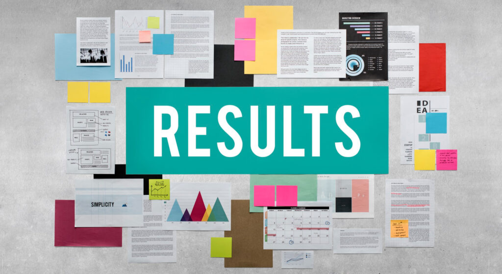 Colorful charts and planning documents pinned around a “RESULTS” board