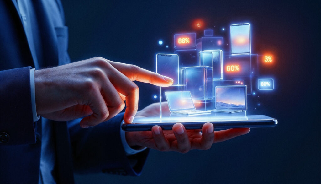 Man interacting with virtual gadgets floating above a tablet.