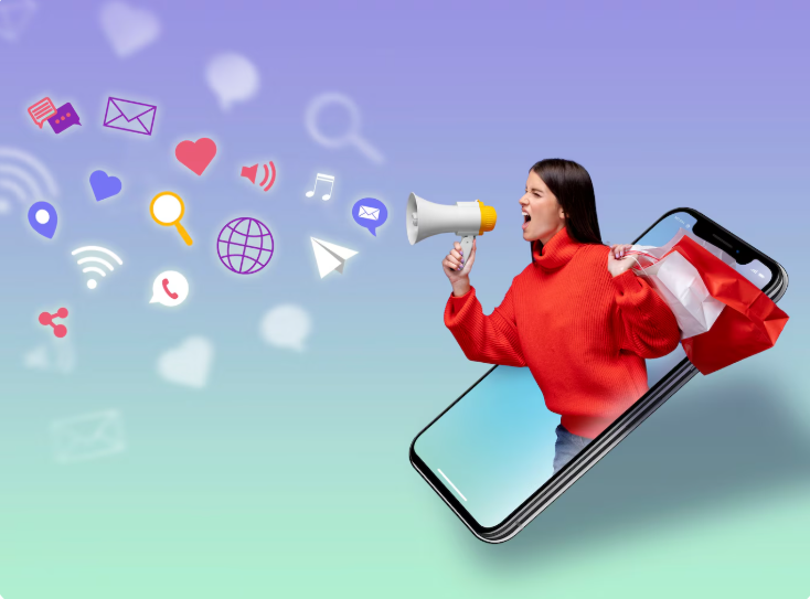 Woman with shopping bags emerging from smartphone, shouting through megaphone with digital icons flying out.