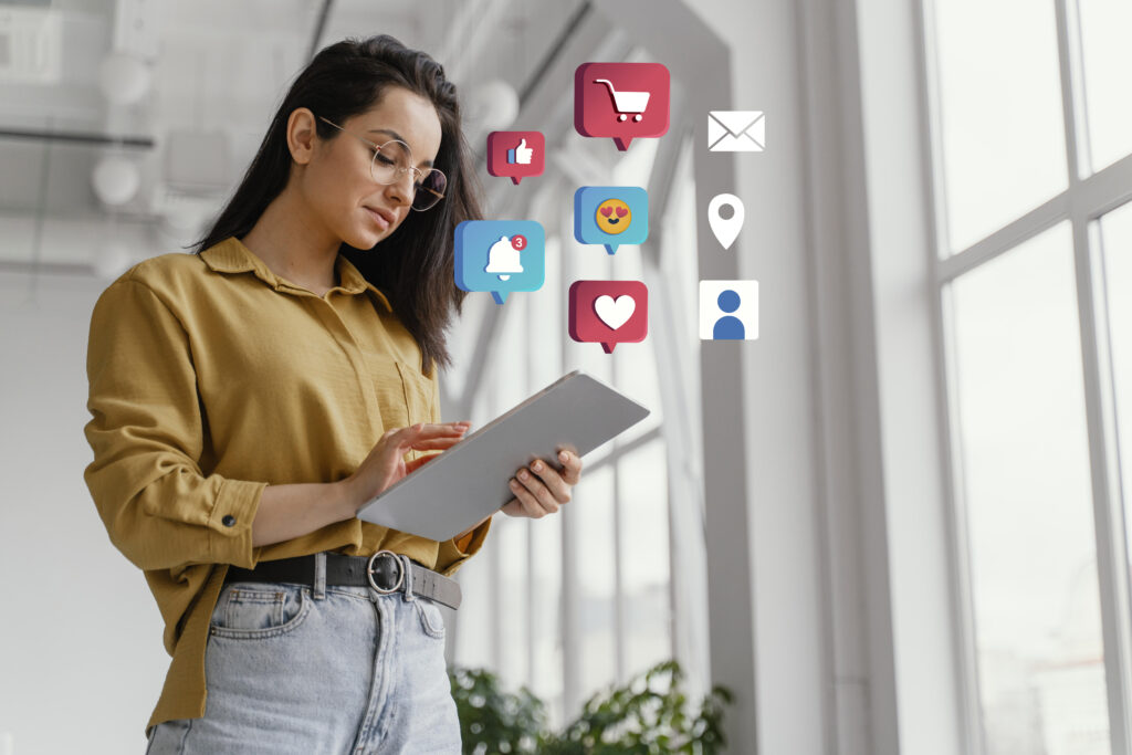 Young marketer exploring social engagement insights.