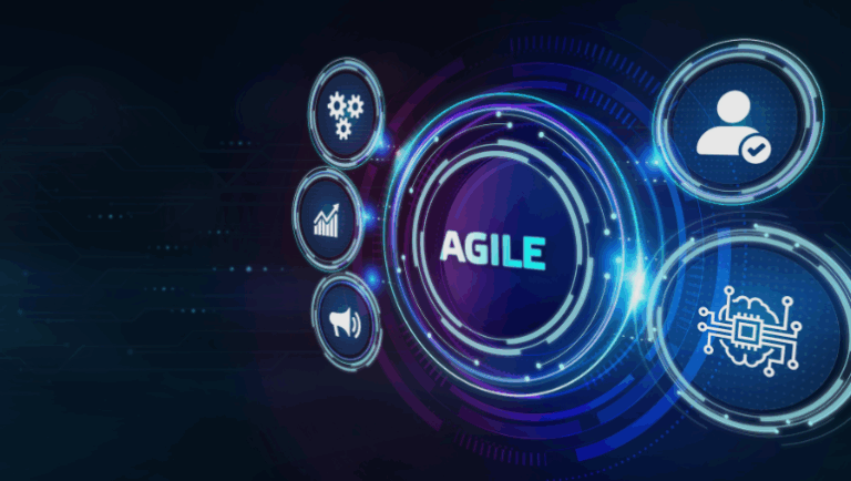 Agile concept illustrated on a blue background, representing principles from "Agile Software Development: A Practical Guide."