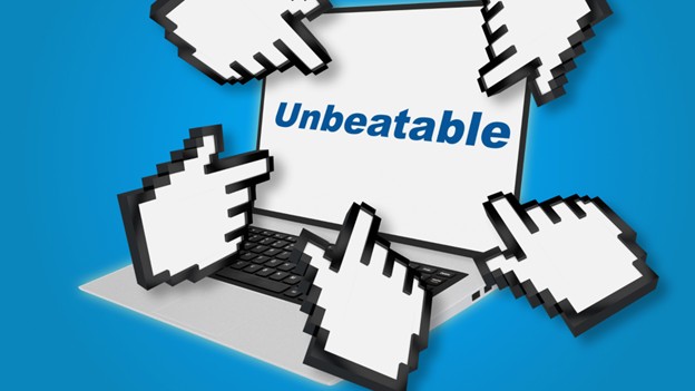 Computer screen displaying the word "Unbeatable," highlighting the advantages of custom development solutions.