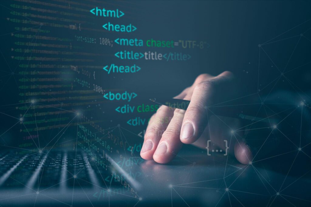 A hand reaching toward floating HTML code elements with a network of connected lines in the background. This represents web development, coding, and digital technology infrastructure.