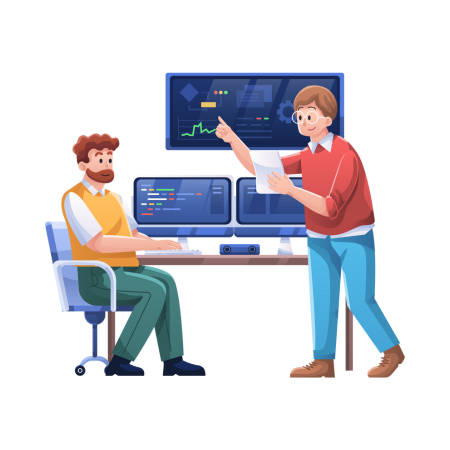 Two men collaborate on a computer, developing software solutions for various types of businesses.