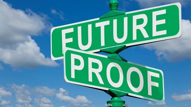 Green street sign displaying "Future Proof" and "Proof," symbolizing business resilience and integration strategies.
